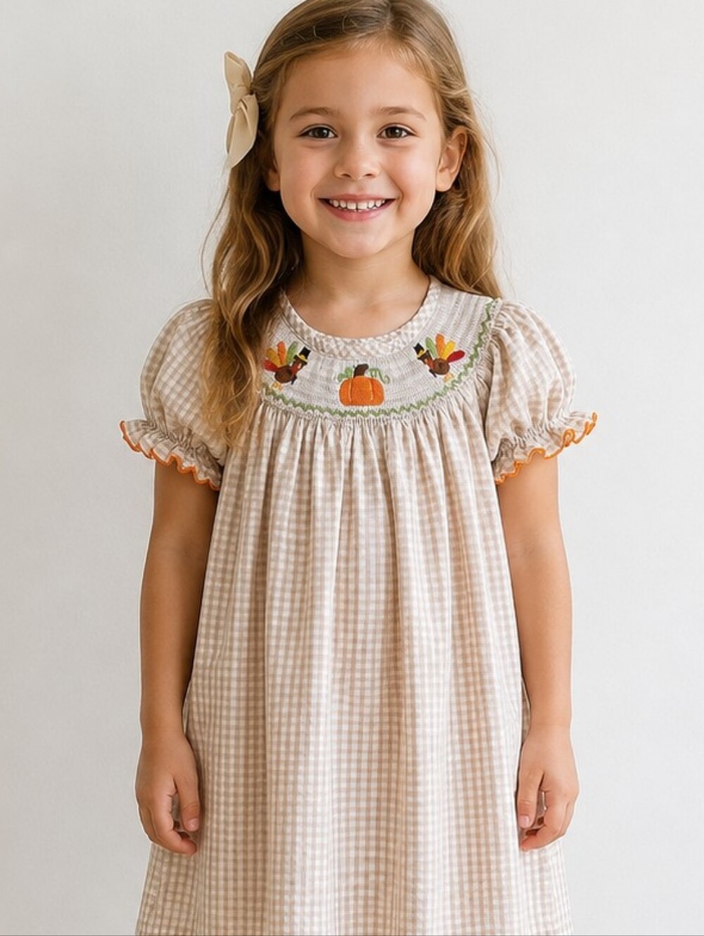 Honey Bean Girls Smocked Turkey Pumpkin Thanksgiving Dress Size 6